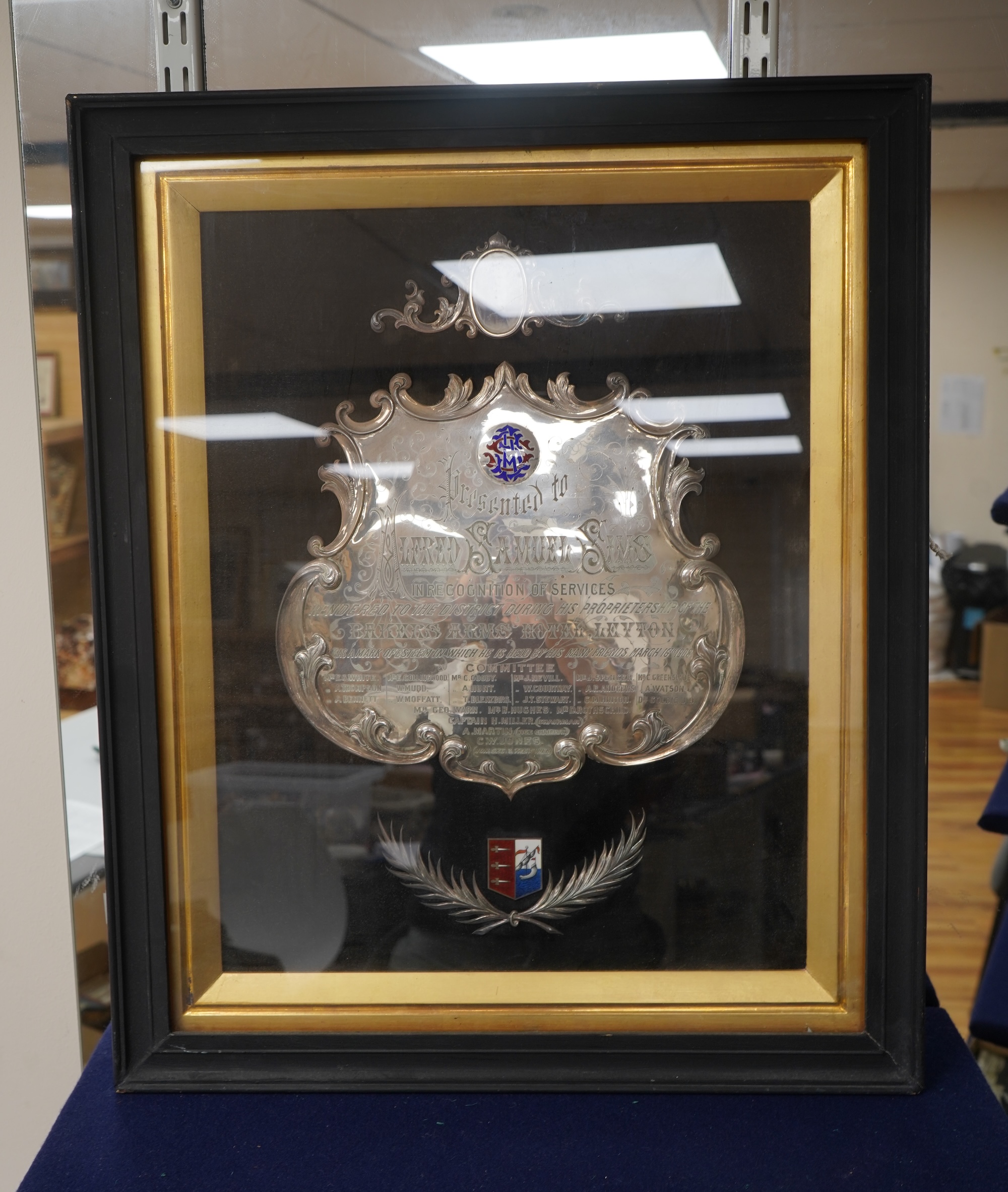 Alfred Samuel Sims commemorative plaque for his services to the Bakers Arms Hotel, with enamel decoration, framed, 60cm high